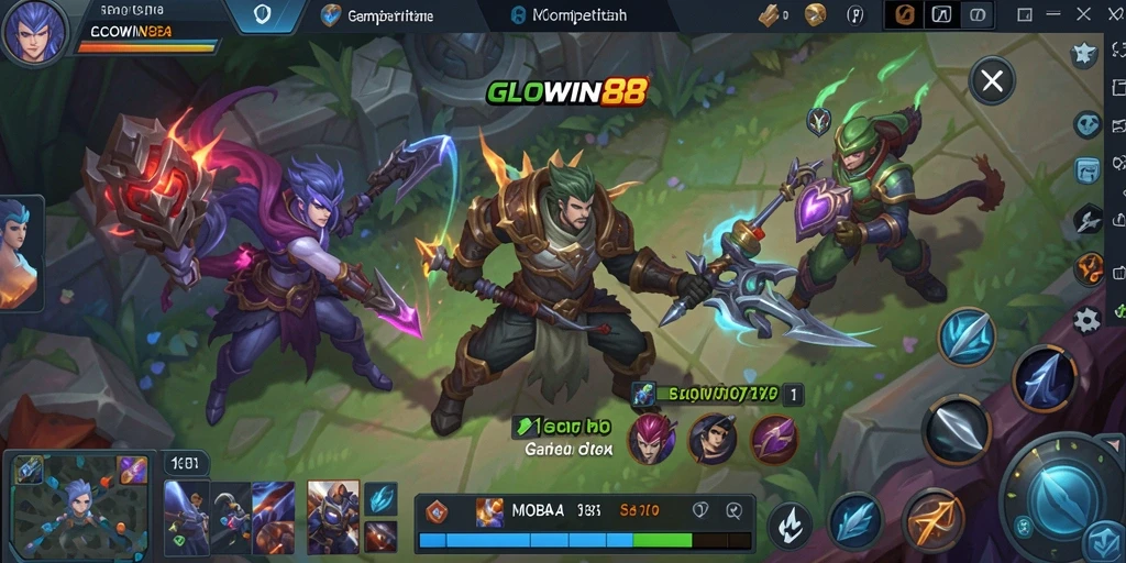 Gameplay seru GLOWIN88 dengan tim bertempur di arena MOBA.