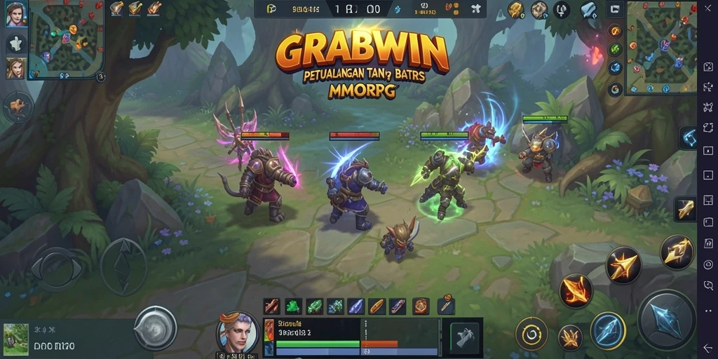 Screenshot gameplay dari GRABWIN menampilkan pertarungan epik dalam dunia MMORPG.