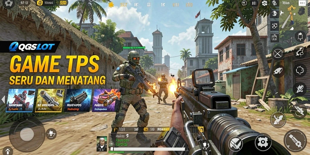 Screenshot gameplay QQSLOT yang menunjukkan aksi seru di arena TPS.